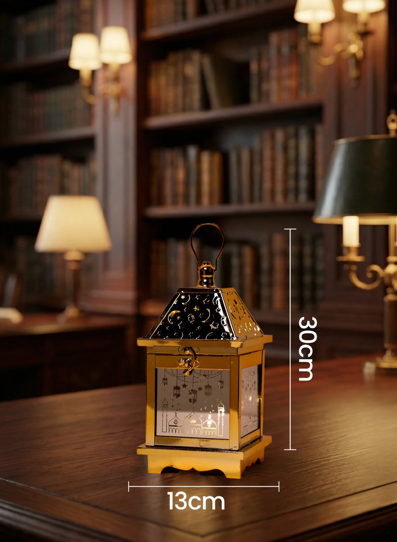 Trentor فانوس رمضان الذهبي المزخرف بنمط ضوء الهلال والنجمة يعمل بالبطارية 13.1X13.1X25 سم - Image 2